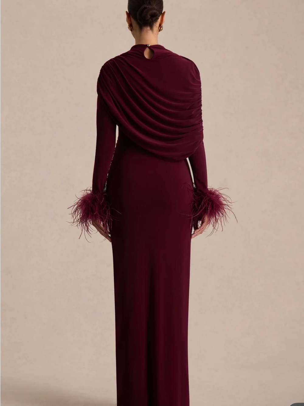 NWT Club L London GATSBY Burgundy High Neck Maxi Dress Feather Trim Cuffs Size10 - Picture 2 of 6